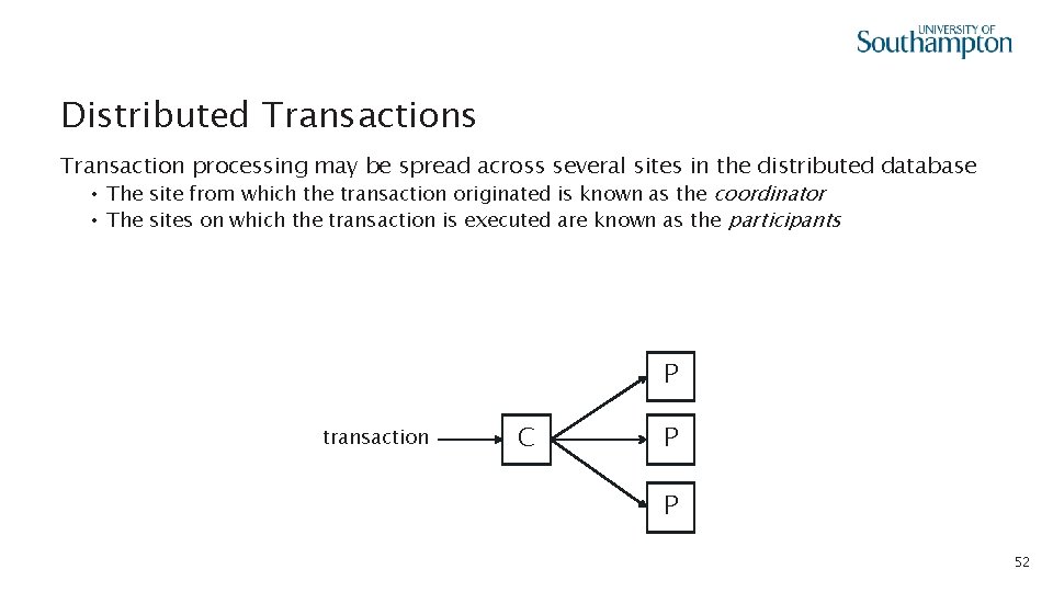 Distributed Transactions Transaction processing may be spread across several sites in the distributed database