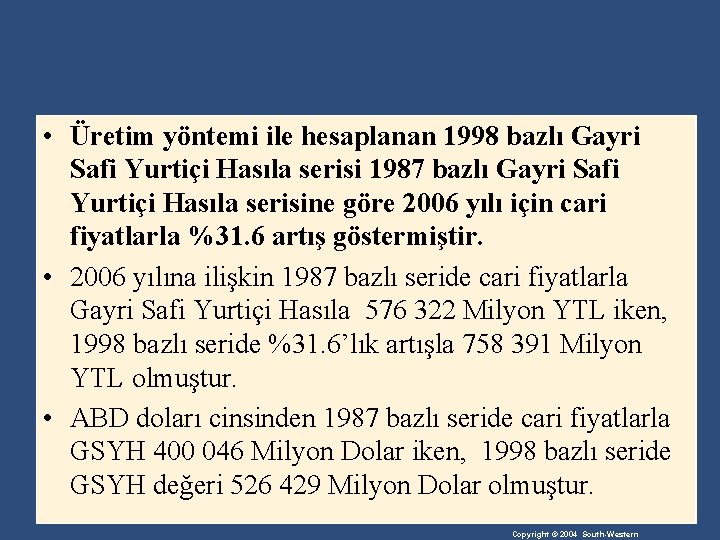  • Üretim yöntemi ile hesaplanan 1998 bazlı Gayri Safi Yurtiçi Hasıla serisi 1987