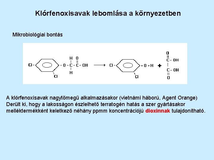 Klórfenoxisavak lebomlása a környezetben Mikrobiológiai bontás A klórfenoxisavak nagytömegű alkalmazásakor (vietnámi háború, Agent Orange)