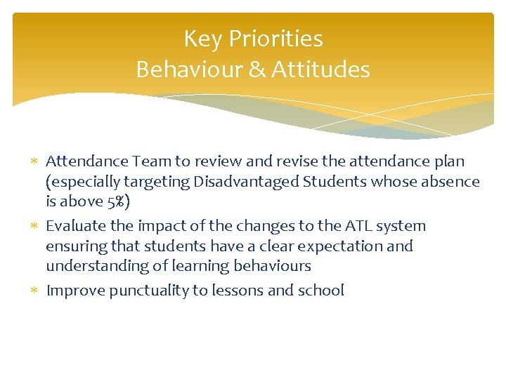 Key Priorities Behaviour & Attitudes Attendance Team to review and revise the attendance plan