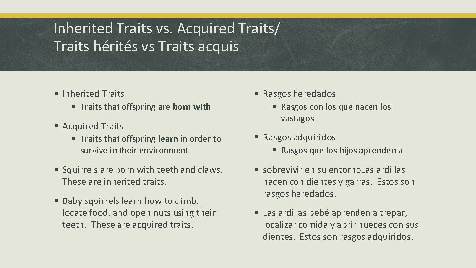 Inherited Traits vs. Acquired Traits/ Traits hérités vs Traits acquis § Inherited Traits §