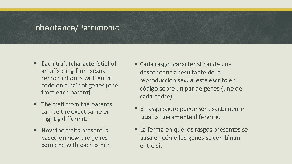 Inheritance/Patrimonio § Each trait (characteristic) of an offspring from sexual reproduction is written in