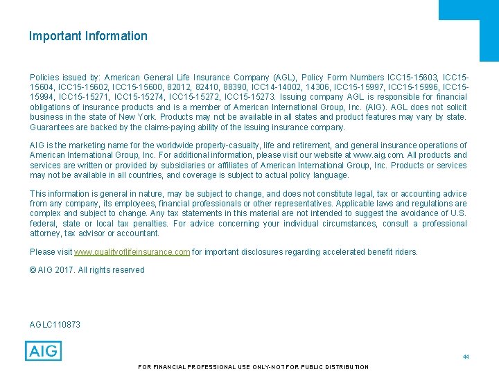 Important Information Policies issued by: American General Life Insurance Company (AGL), Policy Form Numbers