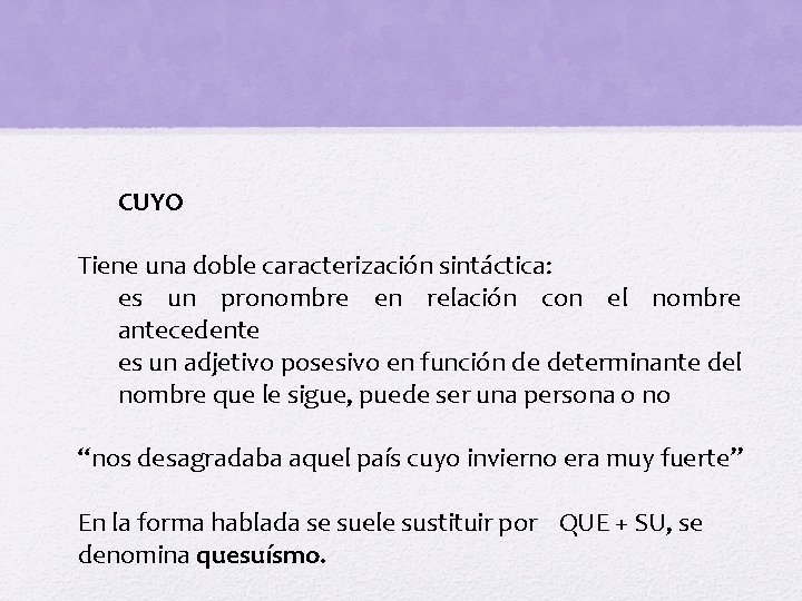 CUYO Tiene una doble caracterización sintáctica: es un pronombre en relación con el nombre