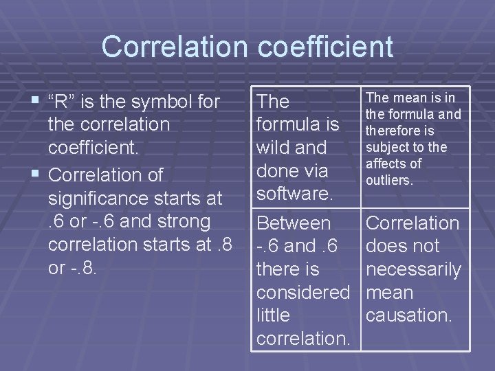 Correlation coefficient § “R” is the symbol for the correlation coefficient. § Correlation of