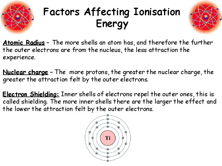 Factors Affecting Ionisation Energy Atomic Radius – The more shells an atom has, and