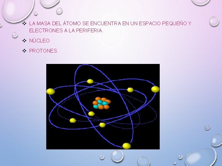 v LA MASA DEL ÁTOMO SE ENCUENTRA EN UN ESPACIO PEQUEÑO Y ELECTRONES A