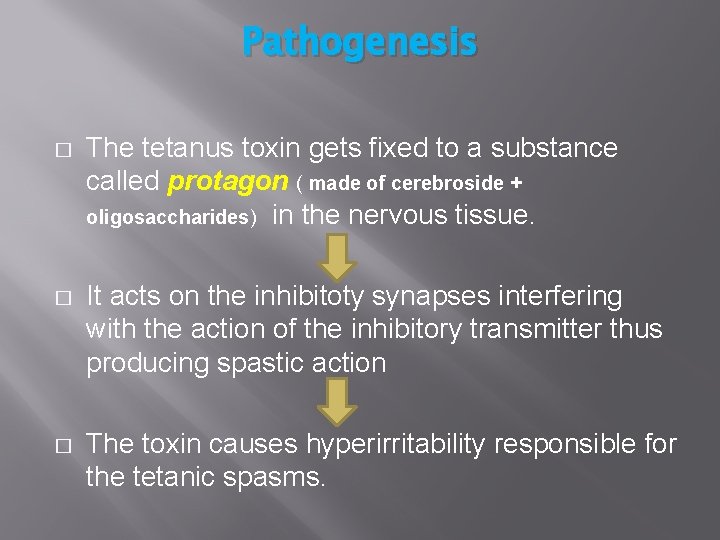 Pathogenesis � The tetanus toxin gets fixed to a substance called protagon ( made