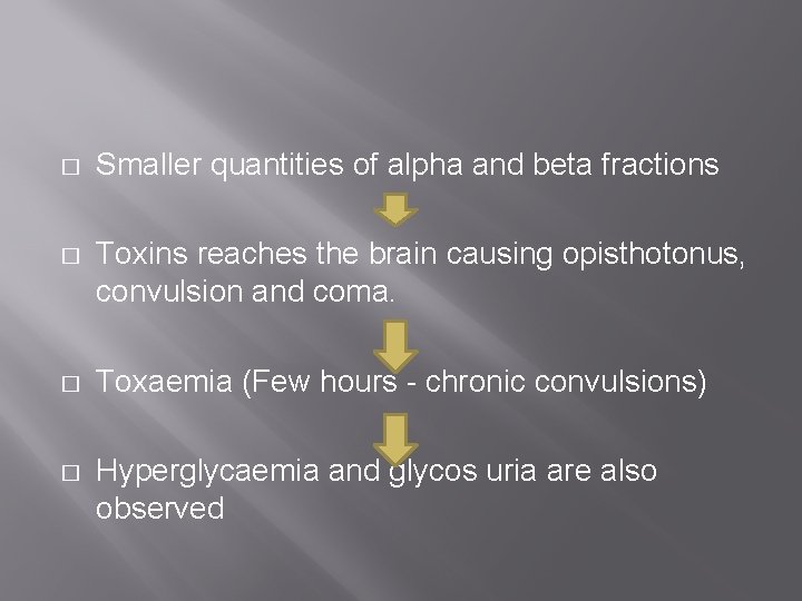 � Smaller quantities of alpha and beta fractions � Toxins reaches the brain causing