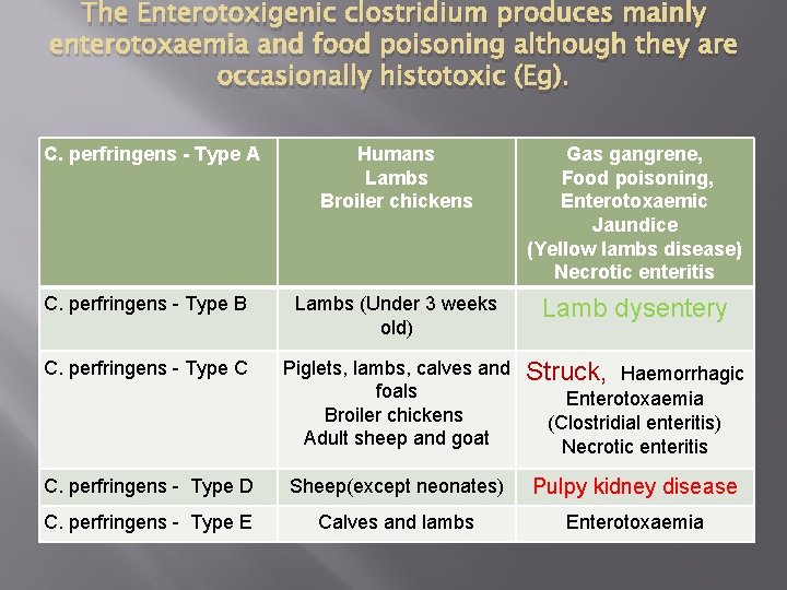 The Enterotoxigenic clostridium produces mainly enterotoxaemia and food poisoning although they are occasionally histotoxic