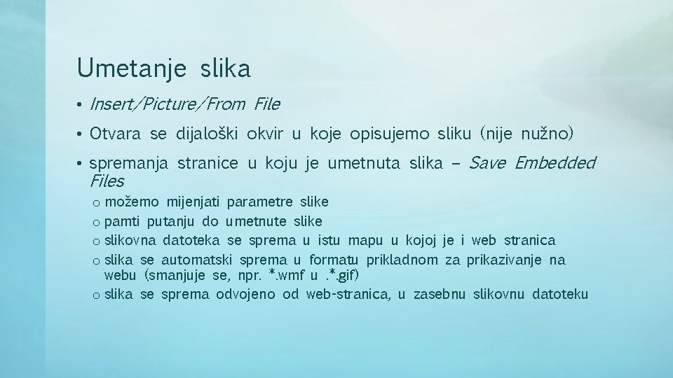 Umetanje slika • Insert/Picture/From File • Otvara se dijaloški okvir u koje opisujemo sliku