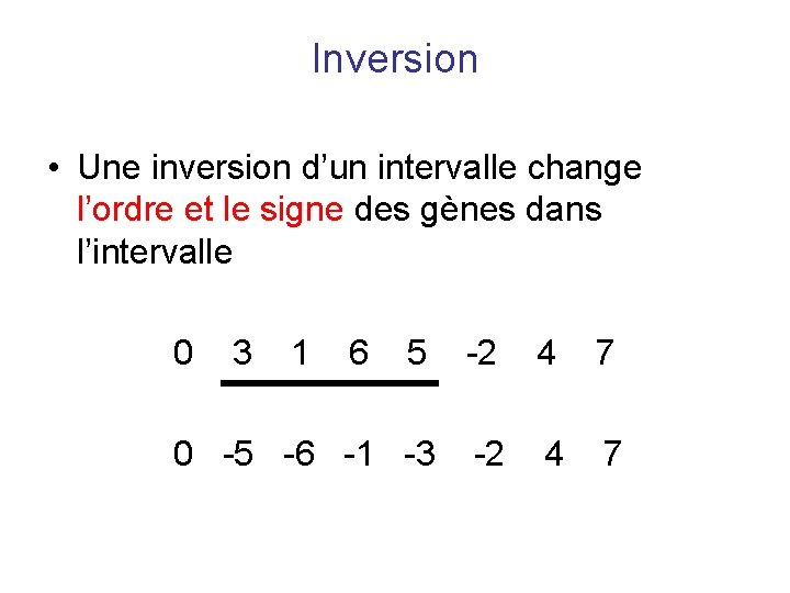Inversion • Une inversion d’un intervalle change l’ordre et le signe des gènes dans