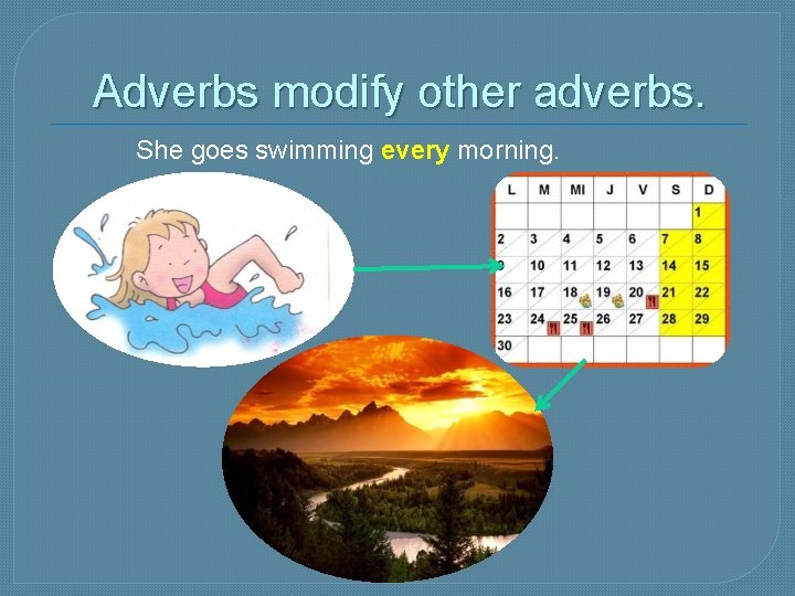 Adverbs modify other adverbs. She goes swimming every morning. 