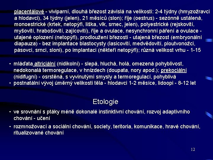 placentálové - viviparní, dlouhá březost závislá na velikosti: 2 -4 týdny (hmyzožravci a hlodavci),