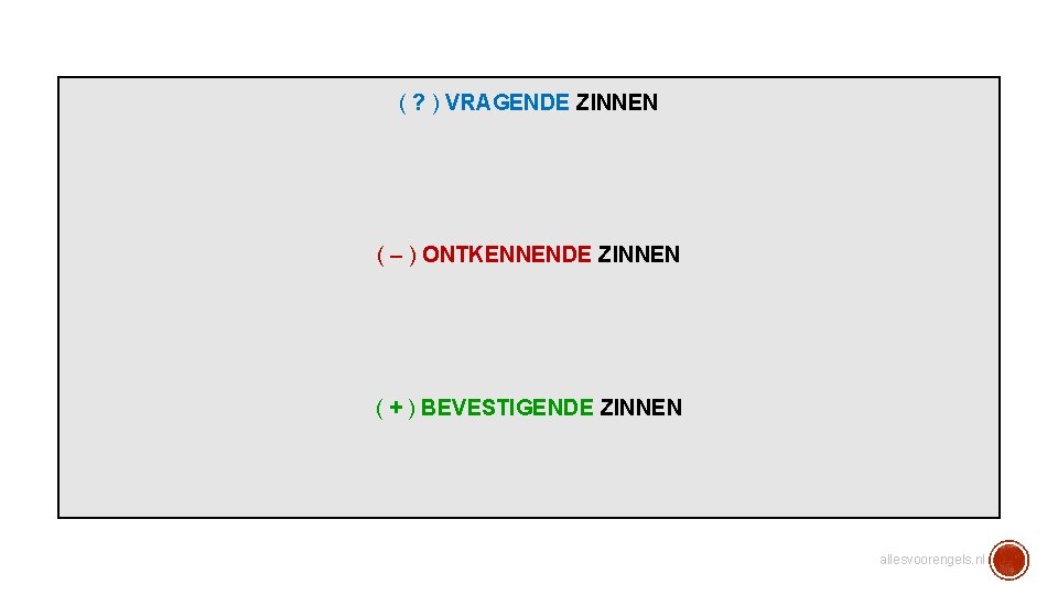 ( ? ) VRAGENDE ZINNEN ( – ) ONTKENNENDE ZINNEN ( + ) BEVESTIGENDE