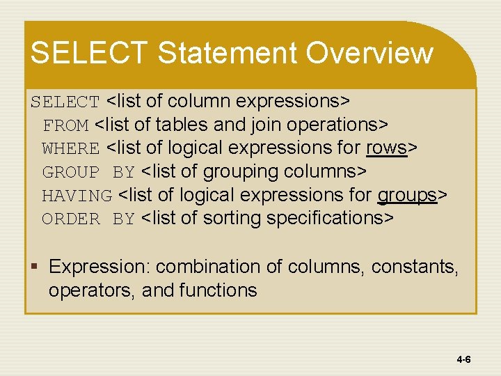 SELECT Statement Overview SELECT <list of column expressions> FROM <list of tables and join SELECT Statement Overview SELECT <list of column expressions> FROM <list of tables and join