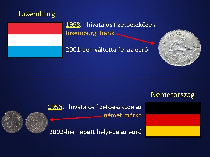 Luxemburg 1998: hivatalos fizetőeszköze a luxemburgi frank 2001 -ben váltotta fel az euró Németország