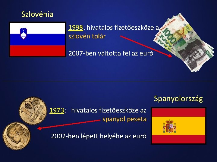 Szlovénia 1998: hivatalos fizetőeszköze a szlovén tolár 2007 -ben váltotta fel az euró Spanyolország