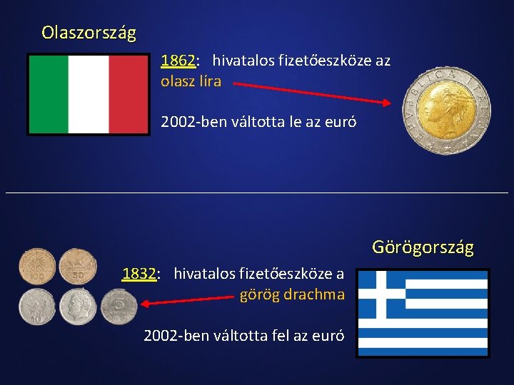 Olaszország 1862: hivatalos fizetőeszköze az olasz líra 2002 -ben váltotta le az euró Görögország