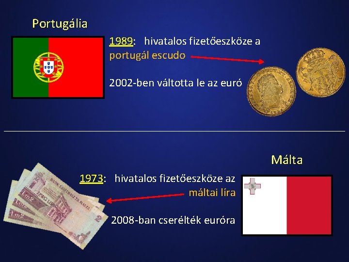 Portugália 1989: hivatalos fizetőeszköze a portugál escudo 2002 -ben váltotta le az euró Málta