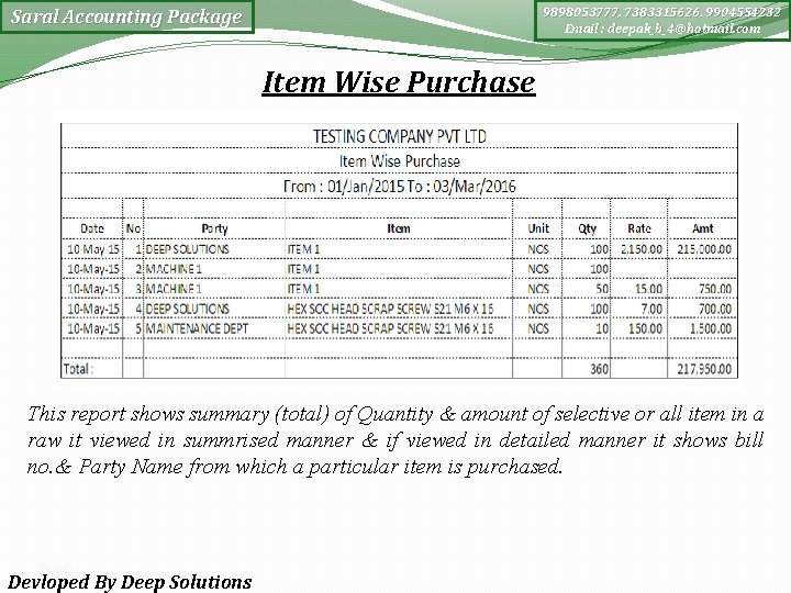 9898053777, 7383315626, 9904554232 Email : deepak_b_4@hotmail. com Saral Accounting Package Item Wise Purchase This