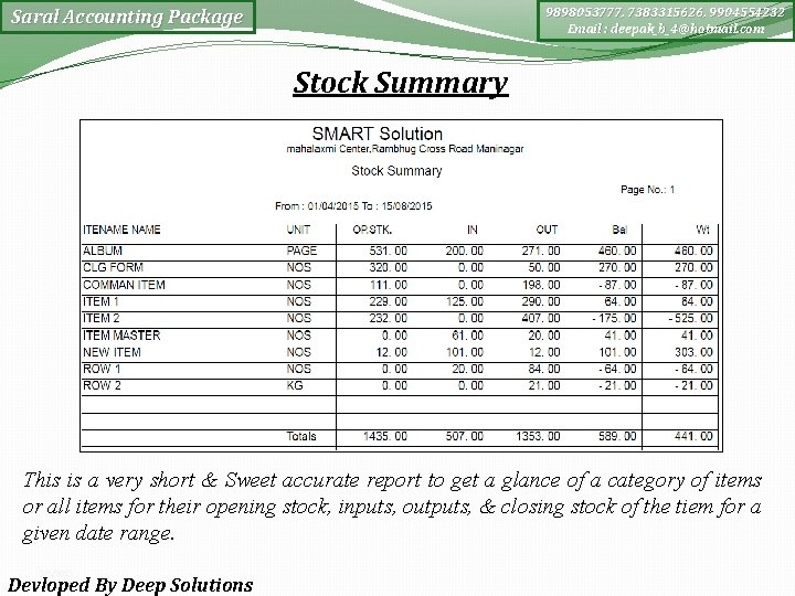 9898053777, 7383315626, 9904554232 Email : deepak_b_4@hotmail. com Saral Accounting Package Stock Summary This is