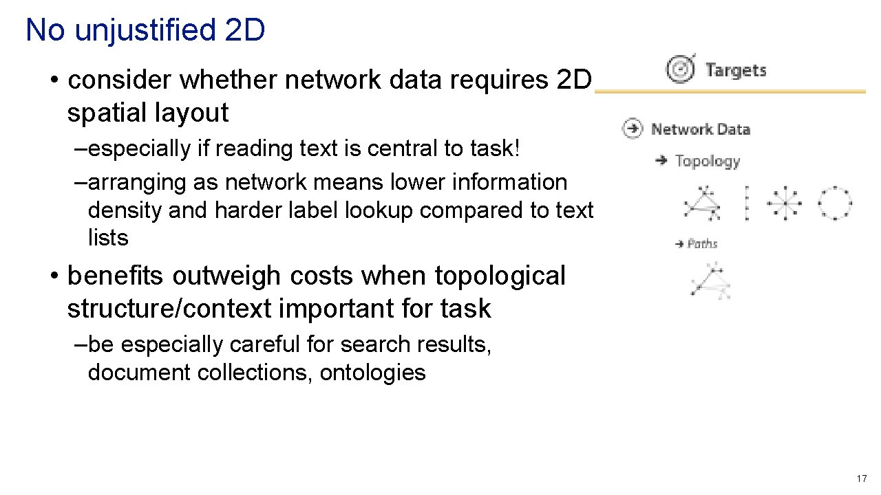 No unjustified 2 D • consider whether network data requires 2 D spatial layout