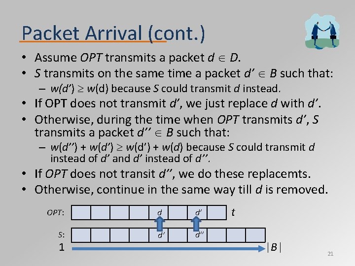 Packet Arrival (cont. ) • Assume OPT transmits a packet d D. • S