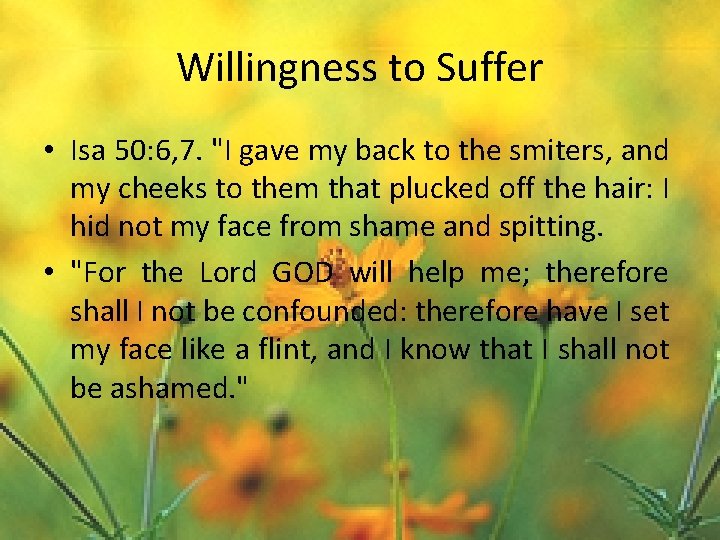 Willingness to Suffer • Isa 50: 6, 7. "I gave my back to the