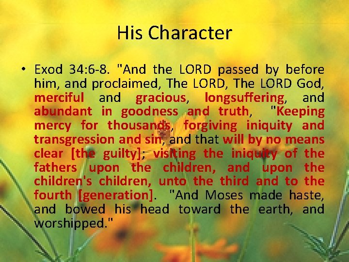 His Character • Exod 34: 6 -8. "And the LORD passed by before him,
