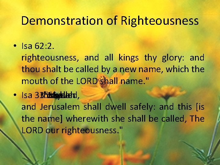 Demonstration of Righteousness • Isa 62: 2. righteousness, and all kings thy glory: and