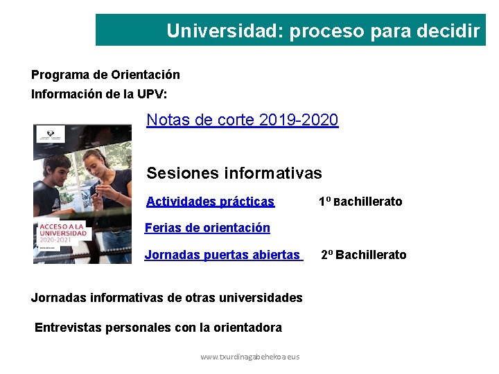 Universidad: proceso para decidir Programa de Orientación Información de la UPV: Notas de corte