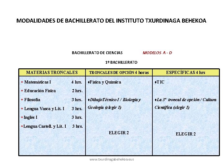 MODALIDADES DE BACHILLERATO DEL INSTITUTO TXURDINAGA BEHEKOA BACHILLERATO DE CIENCIAS MODELOS A - D