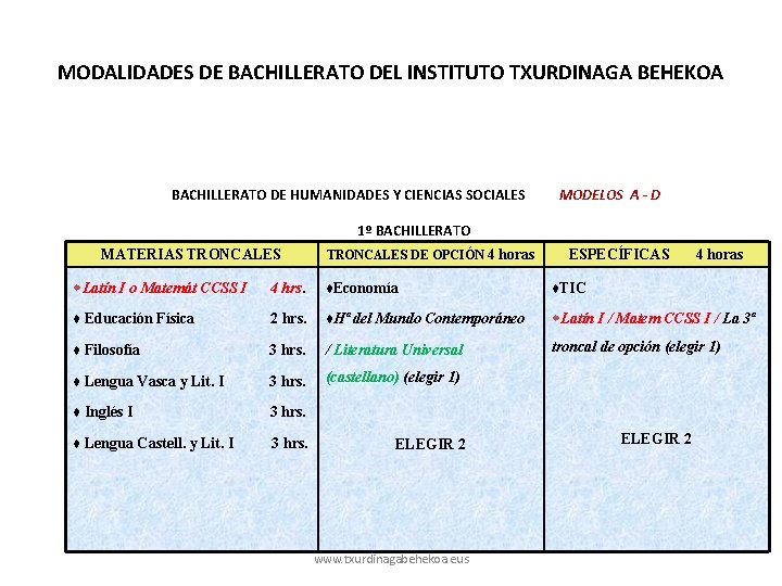 MODALIDADES DE BACHILLERATO DEL INSTITUTO TXURDINAGA BEHEKOA BACHILLERATO DE HUMANIDADES Y CIENCIAS SOCIALES MODELOS