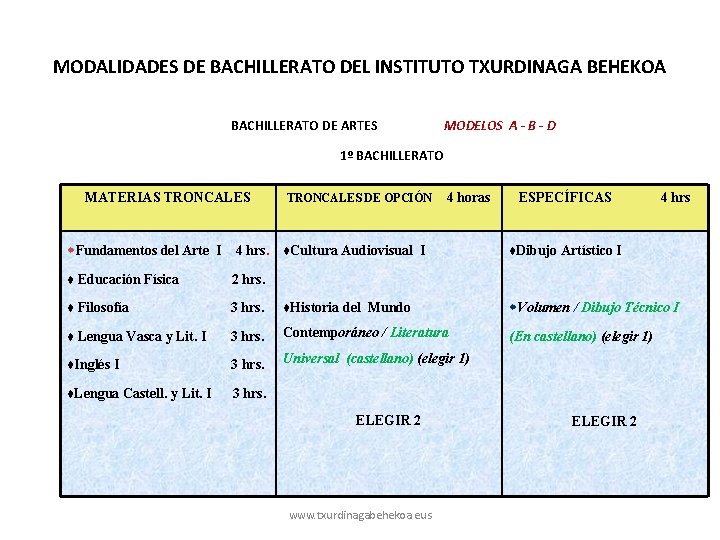MODALIDADES DE BACHILLERATO DEL INSTITUTO TXURDINAGA BEHEKOA BACHILLERATO DE ARTES MODELOS A - B