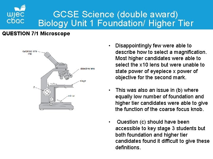 GCSE Science (double award) Biology Unit 1 Foundation/ Higher Tier QUESTION 7/1 Microscope •