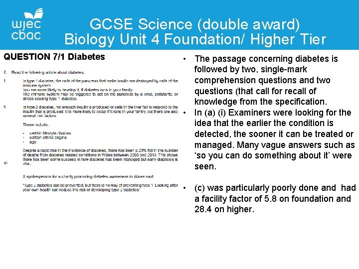 GCSE Science (double award) Biology Unit 4 Foundation/ Higher Tier QUESTION 7/1 Diabetes •