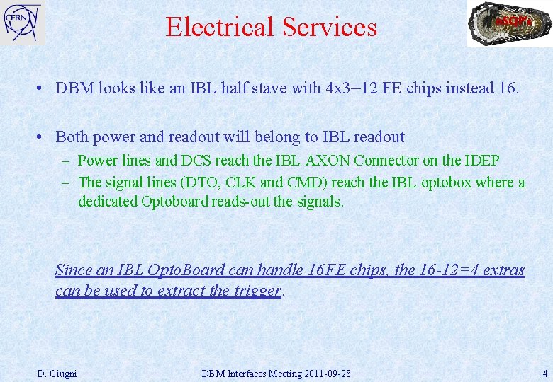 Electrical Services n. SQP’s • DBM looks like an IBL half stave with 4