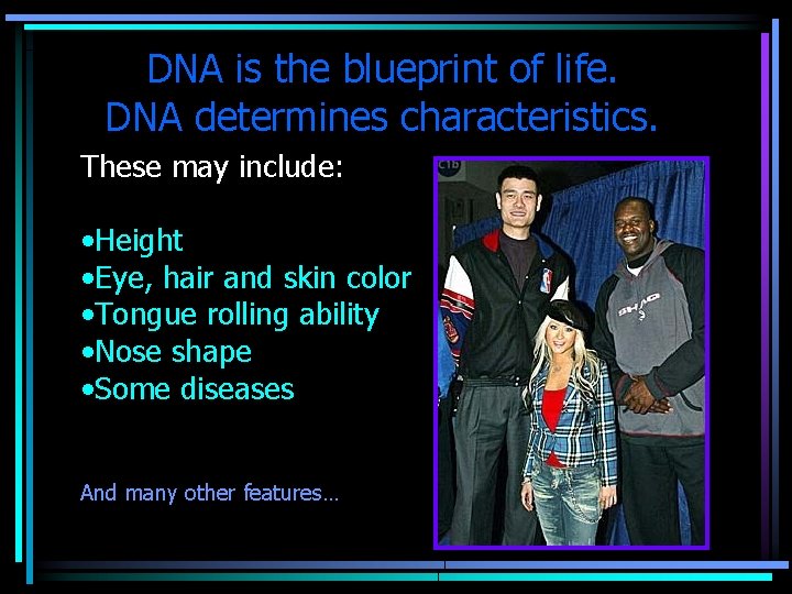 DNA is the blueprint of life. DNA determines characteristics. These may include: • Height