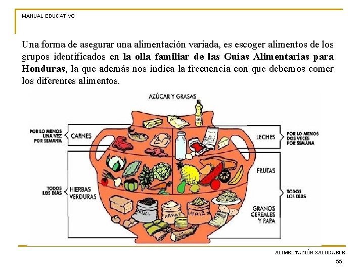 MANUAL EDUCATIVO Una forma de asegurar una alimentación variada, es escoger alimentos de los