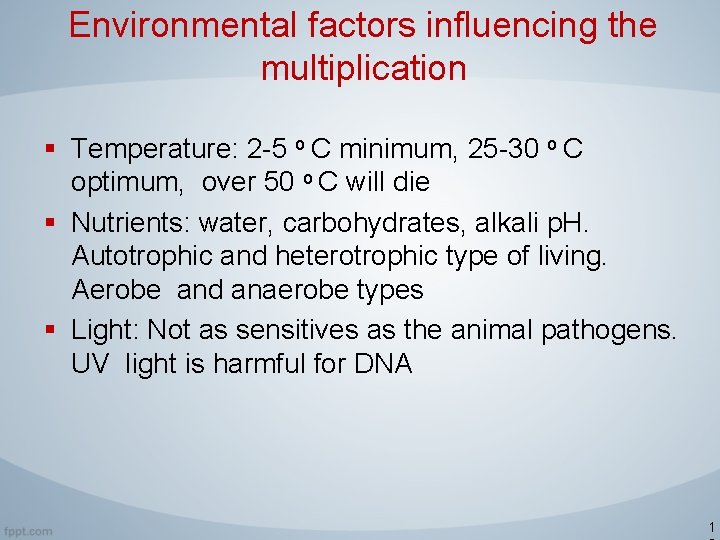 Environmental factors influencing the multiplication § Temperature: 2 -5 o C minimum, 25 -30