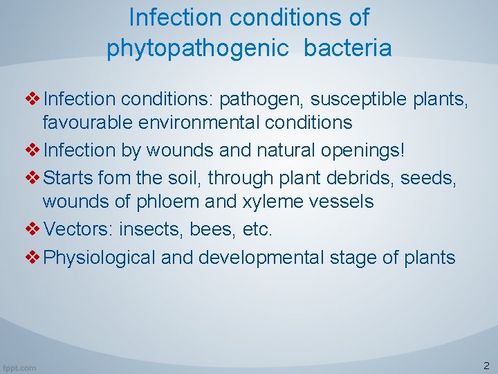 Infection conditions of phytopathogenic bacteria v Infection conditions: pathogen, susceptible plants, favourable environmental conditions
