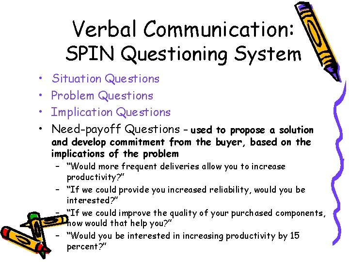 Verbal Communication: SPIN Questioning System • • Situation Questions Problem Questions Implication Questions Need-payoff