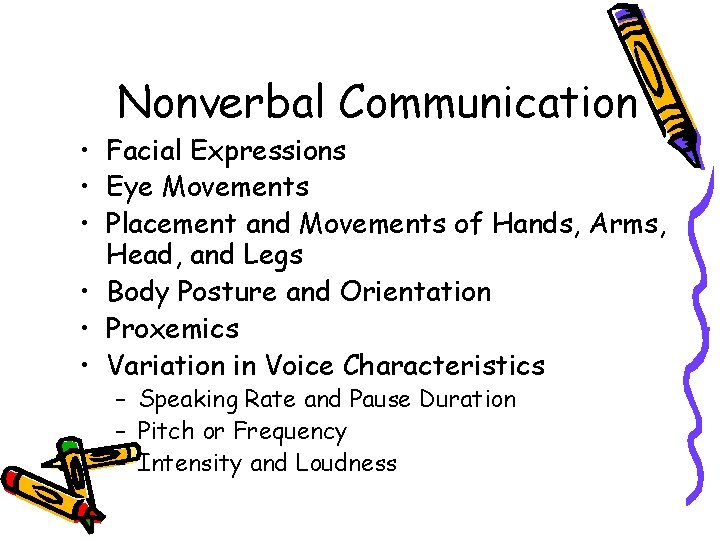 Nonverbal Communication • Facial Expressions • Eye Movements • Placement and Movements of Hands,