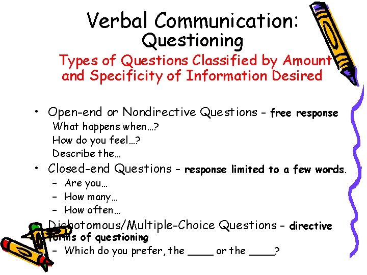 Verbal Communication: Questioning Types of Questions Classified by Amount and Specificity of Information Desired