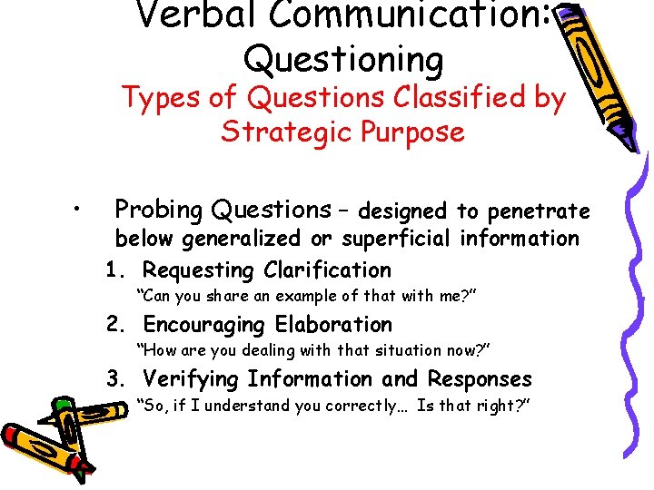 Verbal Communication: Questioning Types of Questions Classified by Strategic Purpose • Probing Questions –