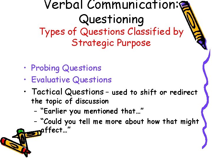 Verbal Communication: Questioning Types of Questions Classified by Strategic Purpose • Probing Questions •