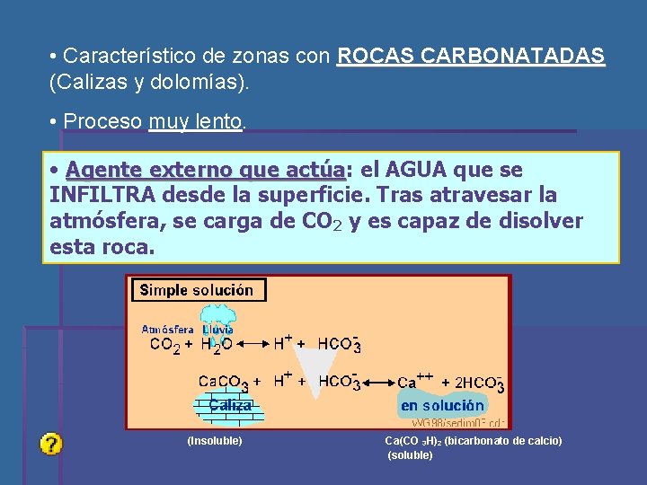  • Característico de zonas con ROCAS CARBONATADAS (Calizas y dolomías). • Proceso muy