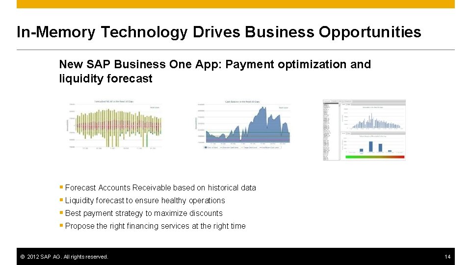 In-Memory Technology Drives Business Opportunities New SAP Business One App: Payment optimization and liquidity In-Memory Technology Drives Business Opportunities New SAP Business One App: Payment optimization and liquidity