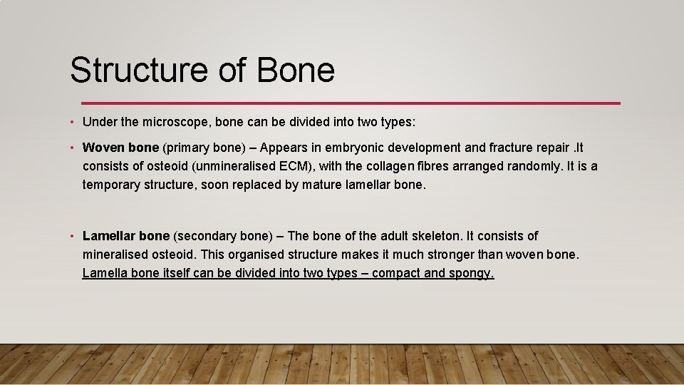 Structure of Bone • Under the microscope, bone can be divided into two types: